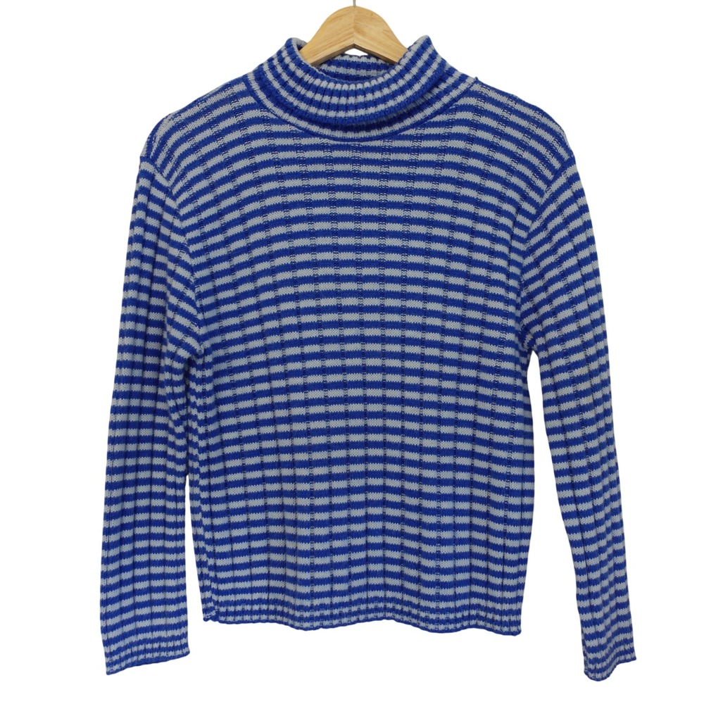 Vintage 1970s Womens Small Blue Striped‎ Turtleneck Sweater Union Made Retro USA
